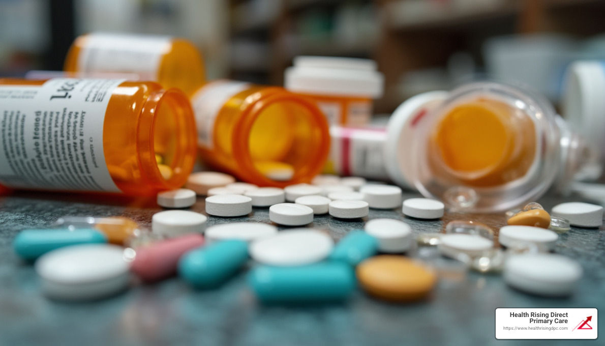 Spilled orange pill bottles and assorted pills on a table. Blurred shelves in the background - dpc and health insurance