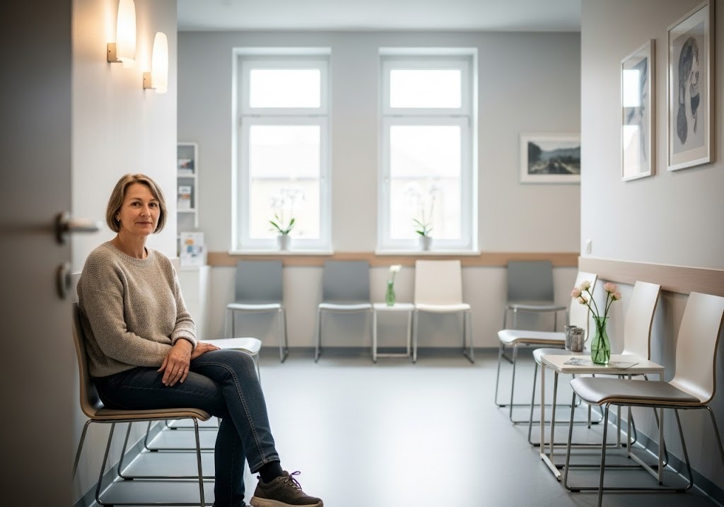 Woman sitting calmly in a direct primary care waiting room, reflecting relief and trust—visual contrast to why insurance-based healthcare is failing us.