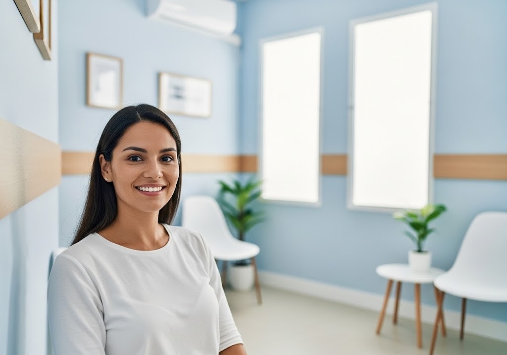 woman, looking relaxed, in waiting room