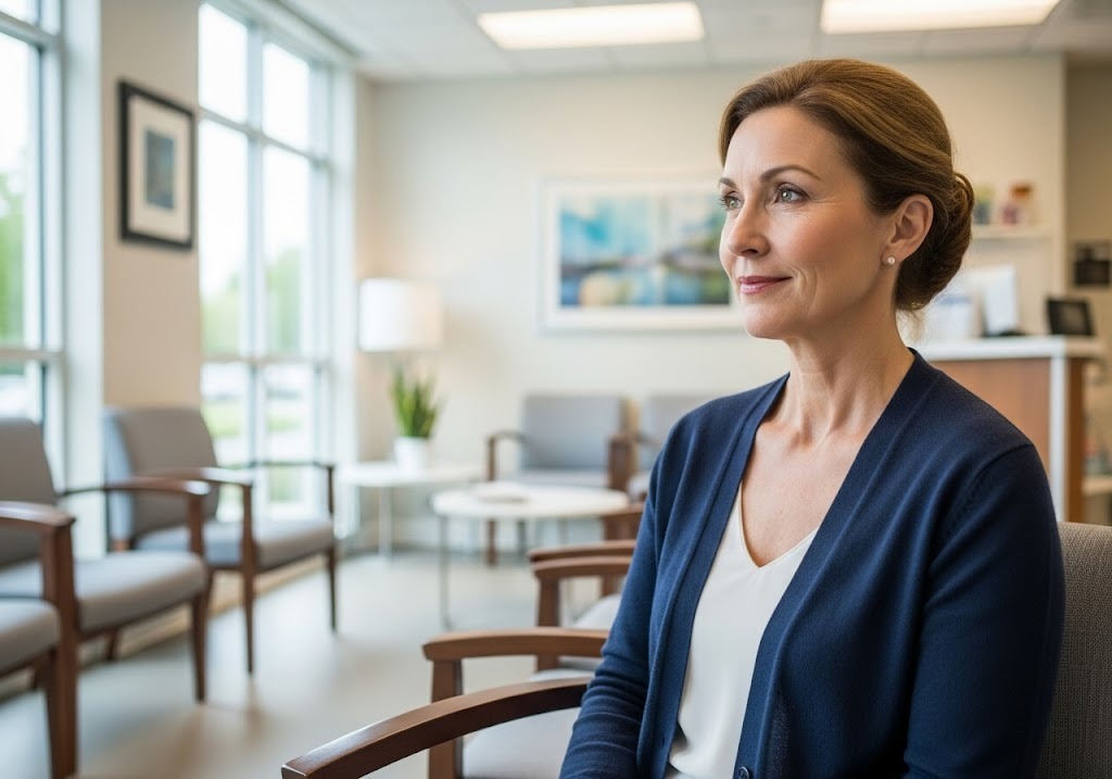 woman looking relaxed and comfortable in a waiting room