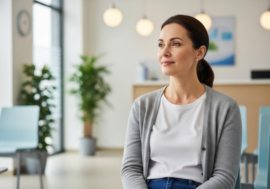 Woman sitting calmly in a direct primary care waiting room, reflecting relief and trust—visual contrast to why insurance-based healthcare is failing us.