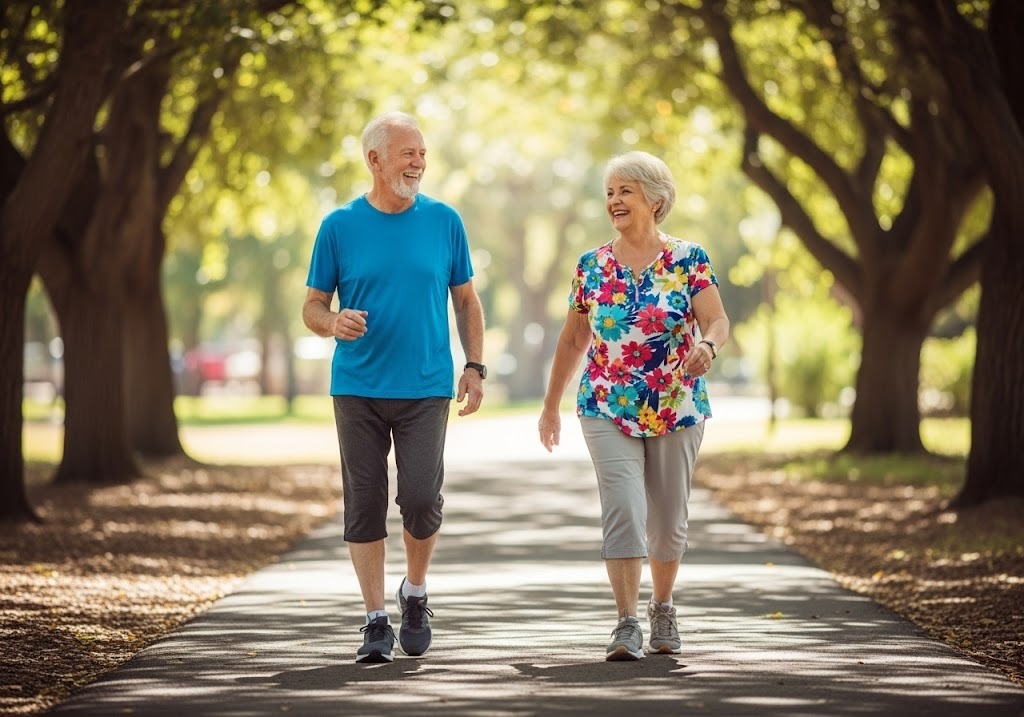 elderly couple walking