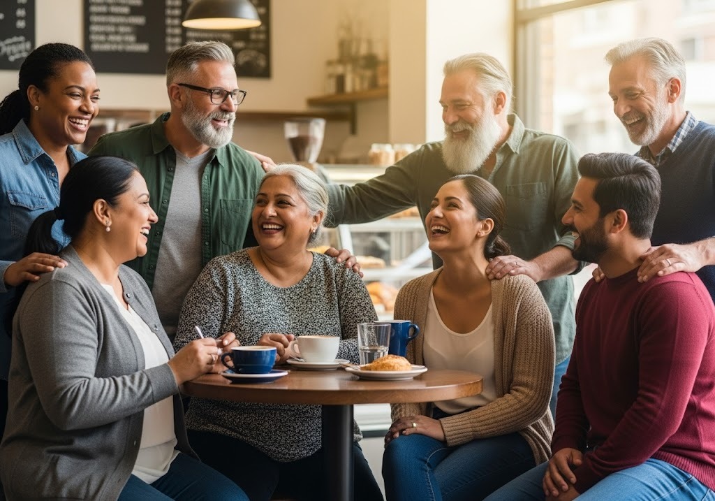 group of people laughing in a cafe