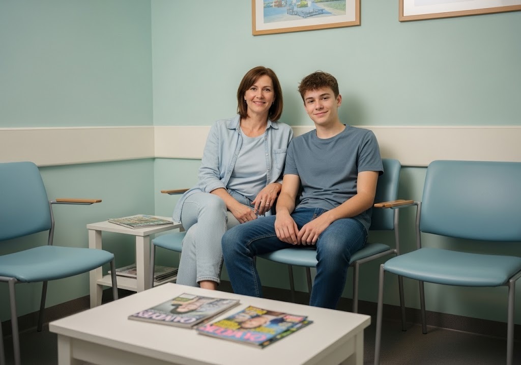 Mother and son waiting for Houston doctor same day appointment