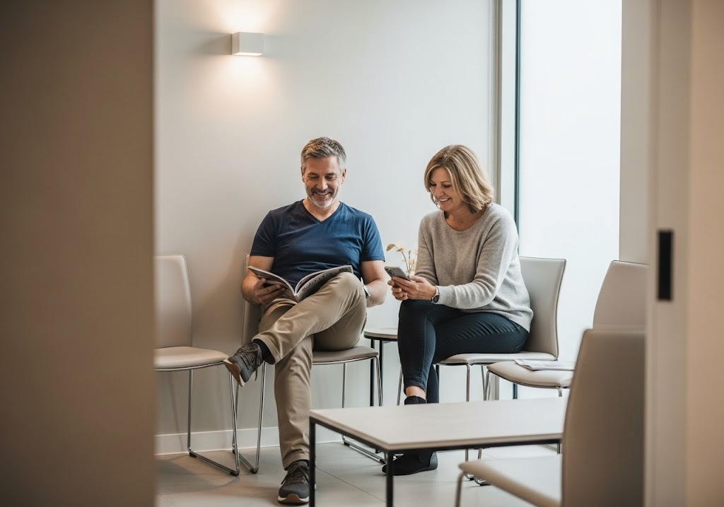 man and woman in waiting room