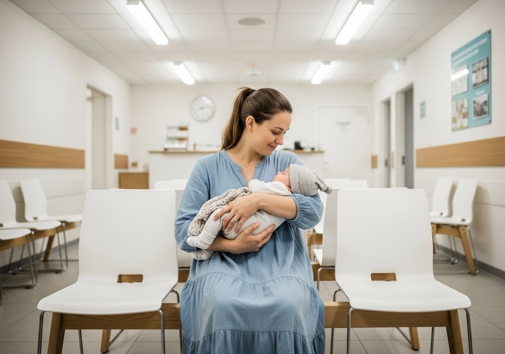 mother and baby in waiting room of clinic
