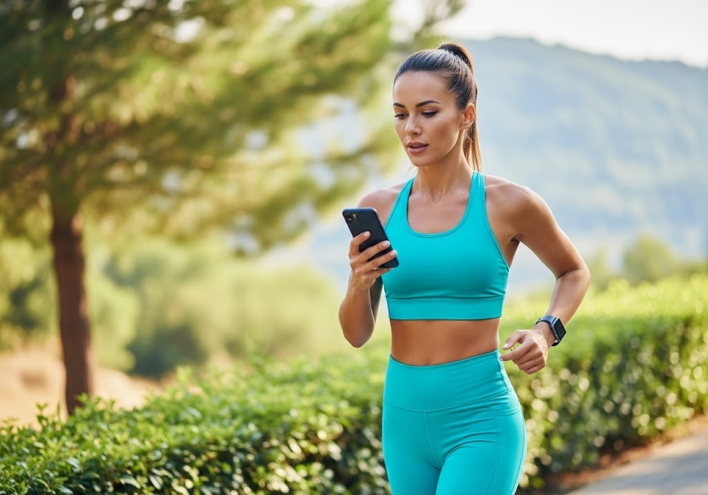 woman jogging while using a smart phone