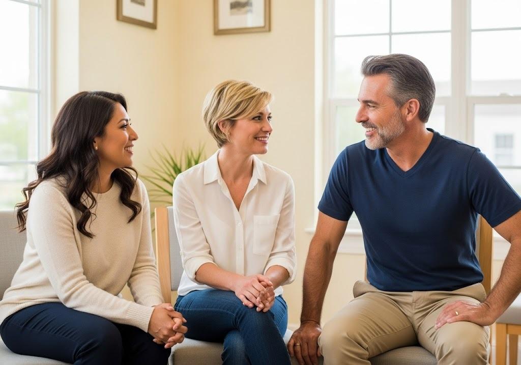 Patients sitting comfortably in a modern clinic waiting room, reflecting the welcoming environment of personalized healthcare in Houston.