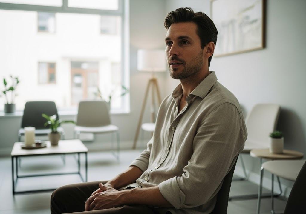 Calm and relaxed patient seated in a waiting room