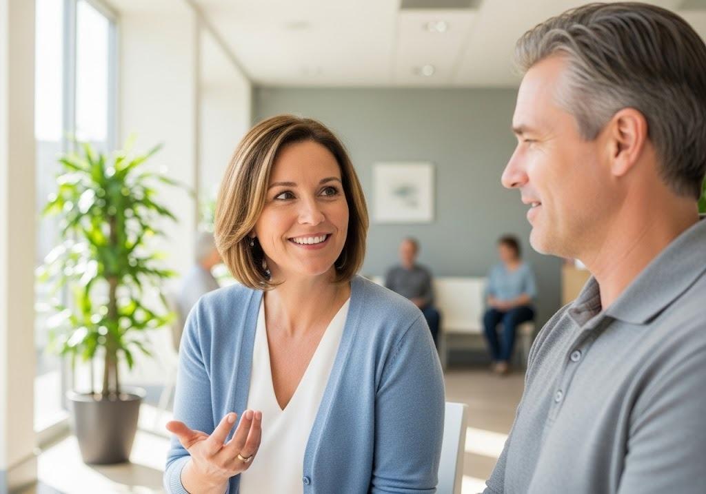 Patients in a waiting room at a direct primary care clinic designed for stress relief, showing calm, supportive healthcare in a relaxed environment.