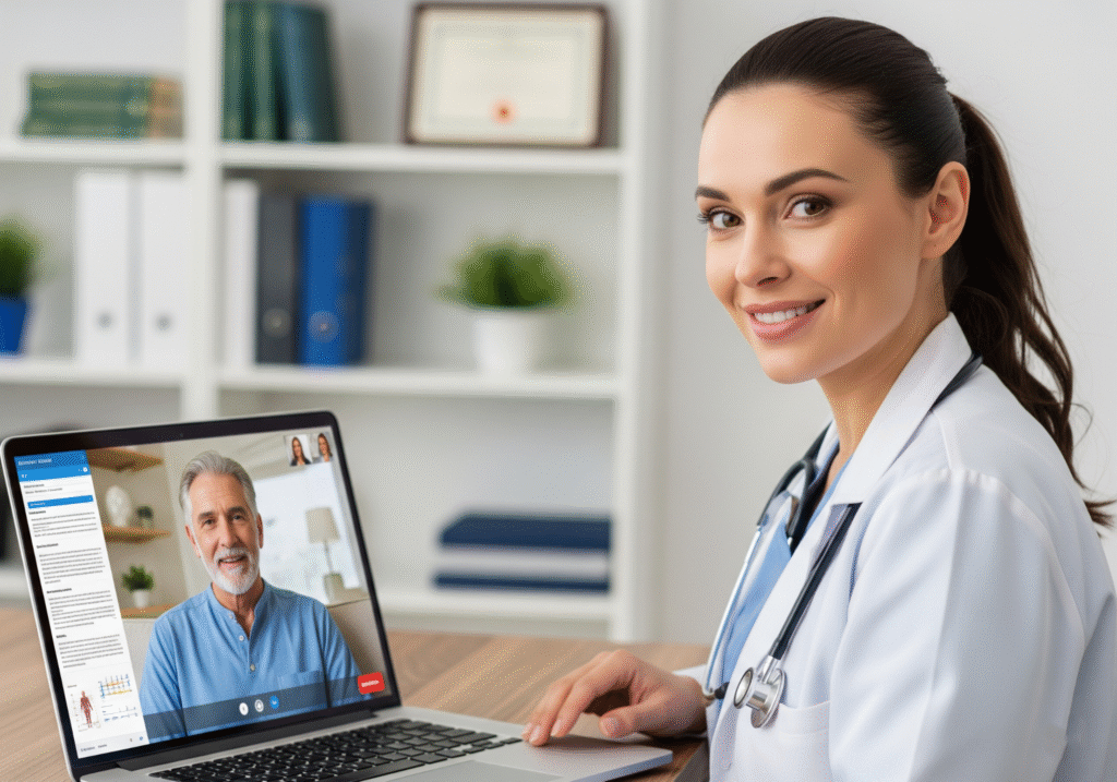 Patient connecting with physician by video call