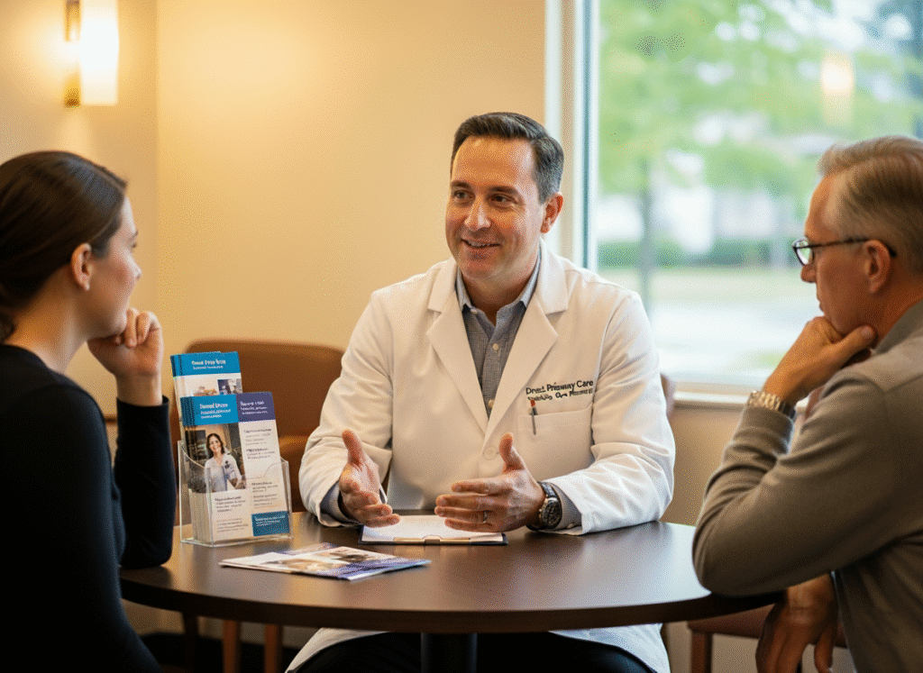 A doctor explaining to his patients why they should choose direct primary care, reflecting the benefits of accessible, supportive, and patient-centered healthcare.