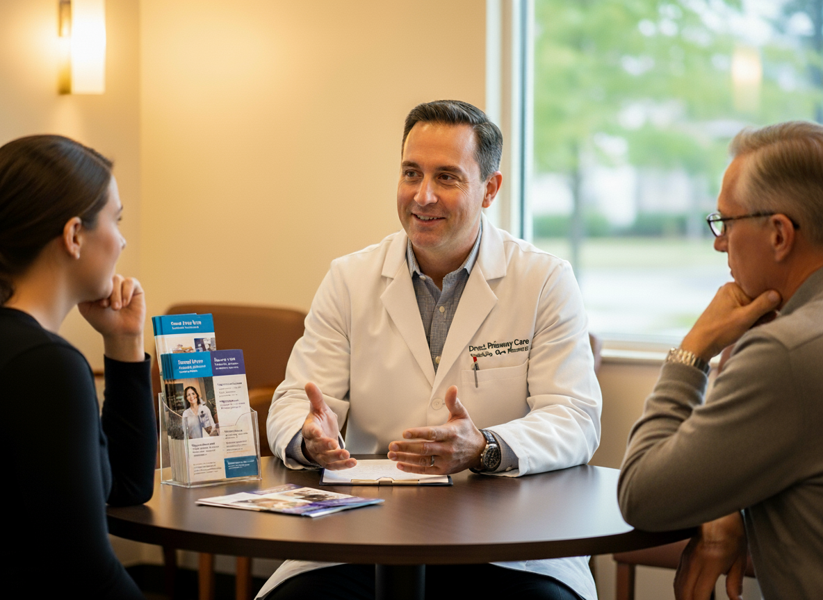 A doctor explaining to his patients why they should choose direct primary care, reflecting the benefits of accessible, supportive, and patient-centered healthcare.