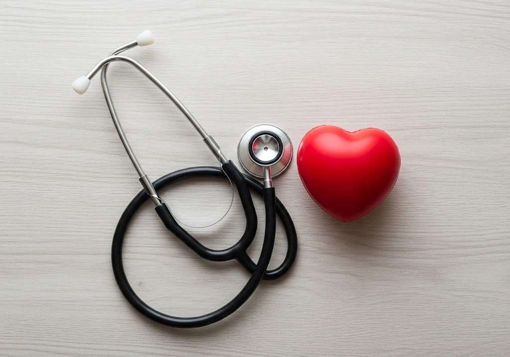 stethoscope and heart-shaped stress ball