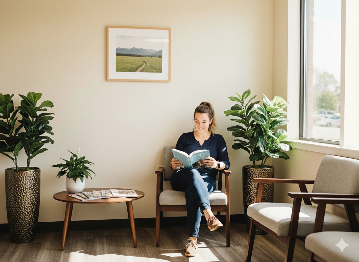 relaxed patient in waiting room of DPC clinic