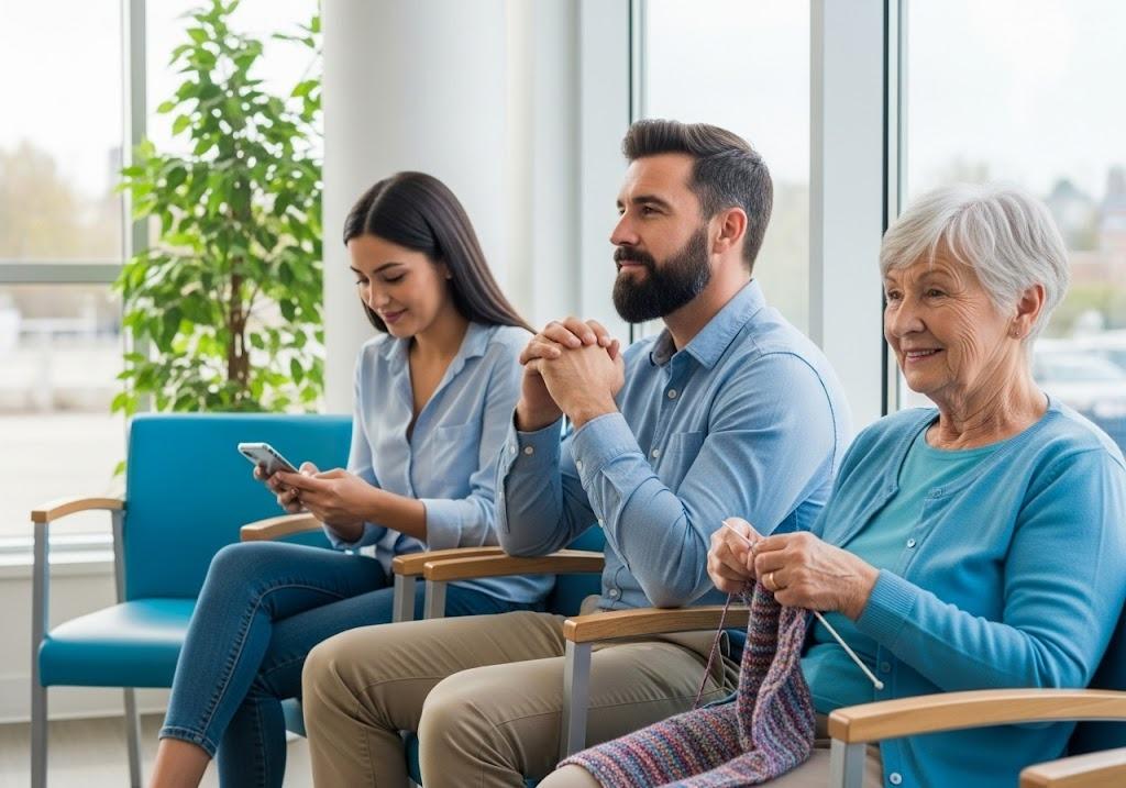 Patients in a DPC clinic waiting room illustrating how direct primary care supports mental health and stress management through consistent access.