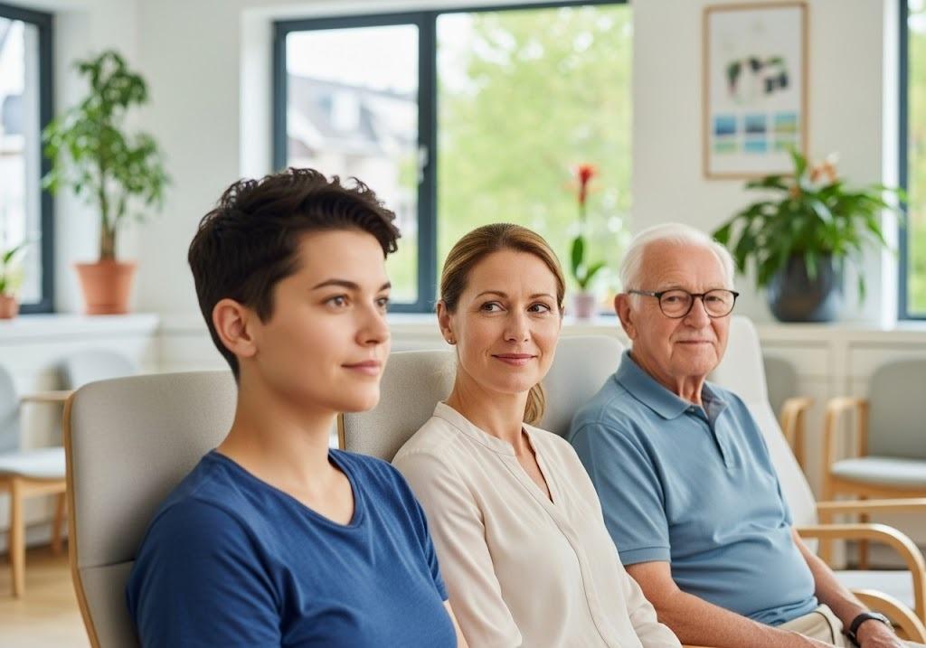 Patients in a waiting room experiencing the benefits of direct primary care with shorter waits, personalized attention, and transparent healthcare support.
