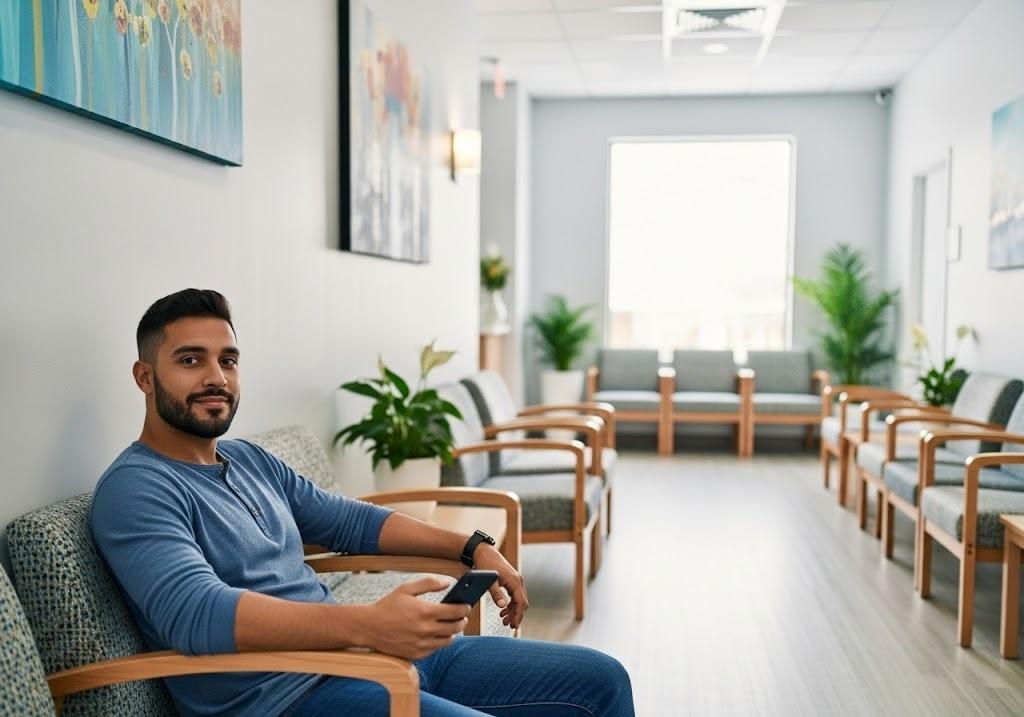 patient looking relaxed in a waiting room of a DPC clinic