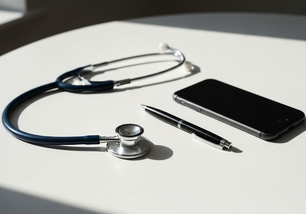 stethoscope, smartphone, and pen on table