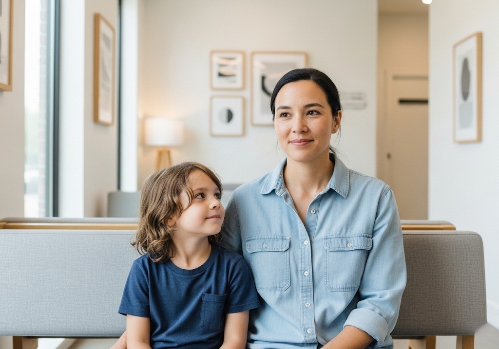 mother and son in clinic