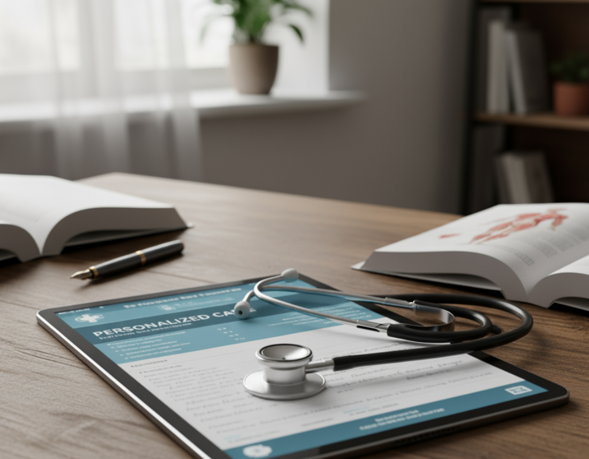 stethoscope resting on a black tablet showing medical notes on a wooden desk, representing Humble TX membership healthcare