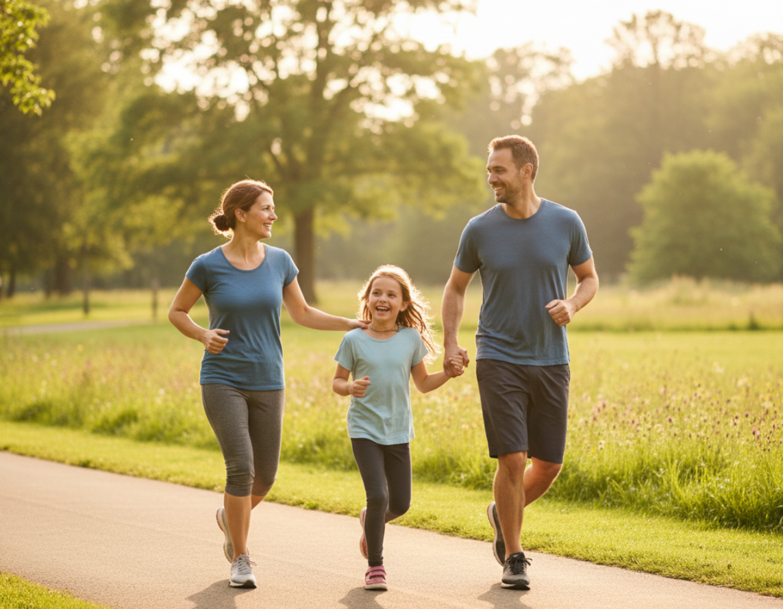 family jogging in park