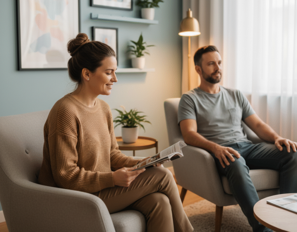 two patients seated comfortably in a modern waiting room, representing the convenience and care that personalized medicine in Humble TX provides