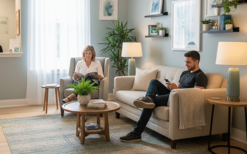 patients waiting in warm and welcoming medical office lobby