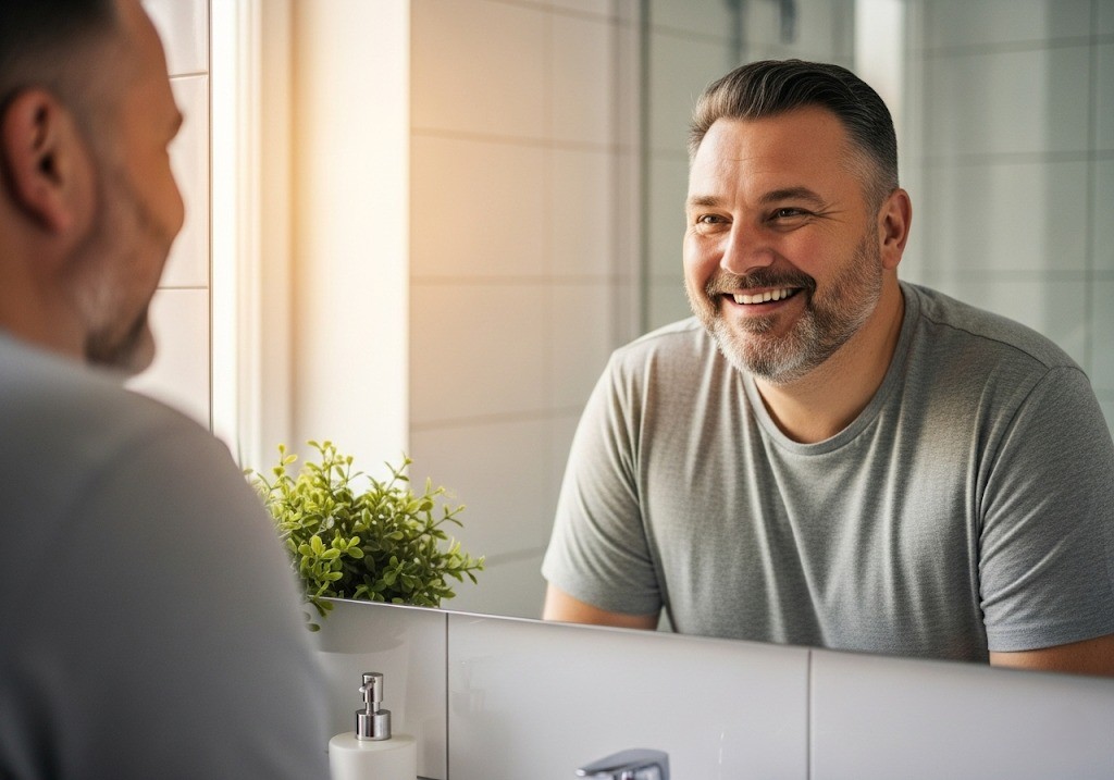 overweight man looking at himself in mirror