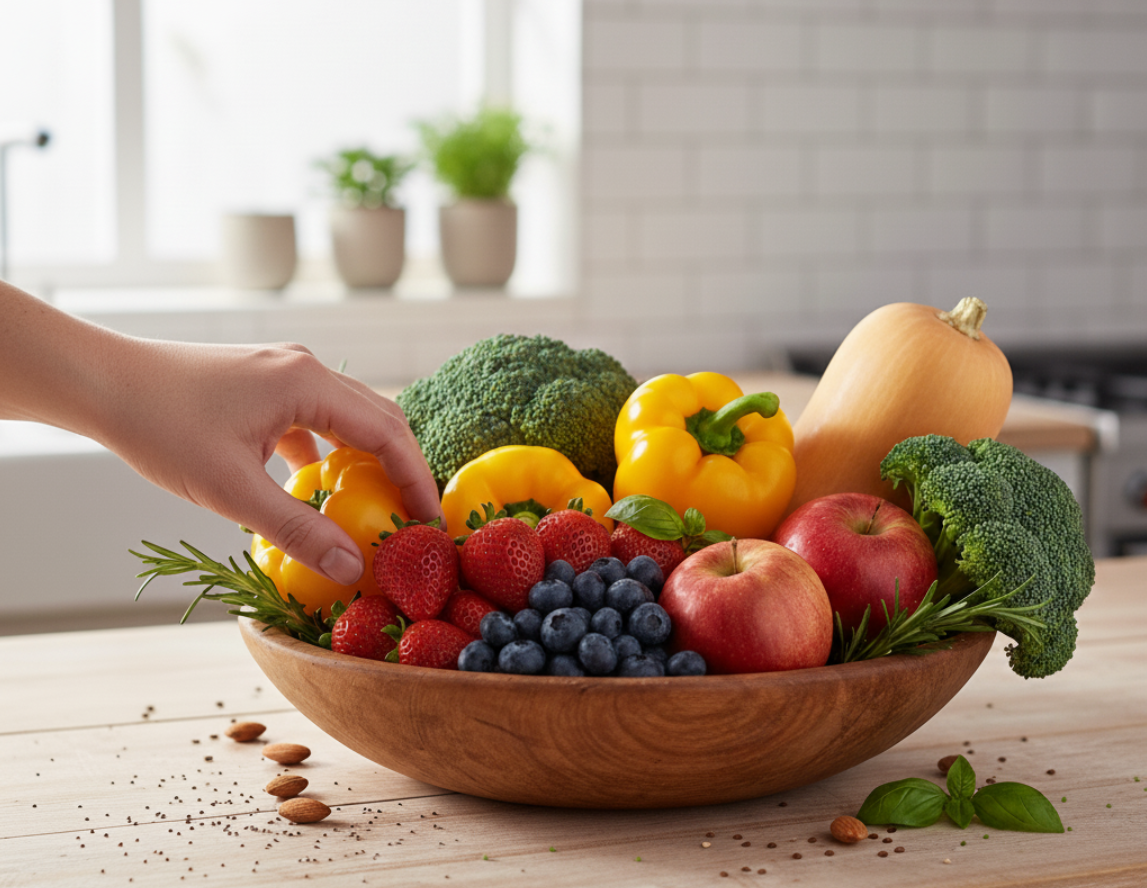 person getting strawberry from healthy fresh produce arranged in a bowl, representing nutrition and whole-food lifestyle