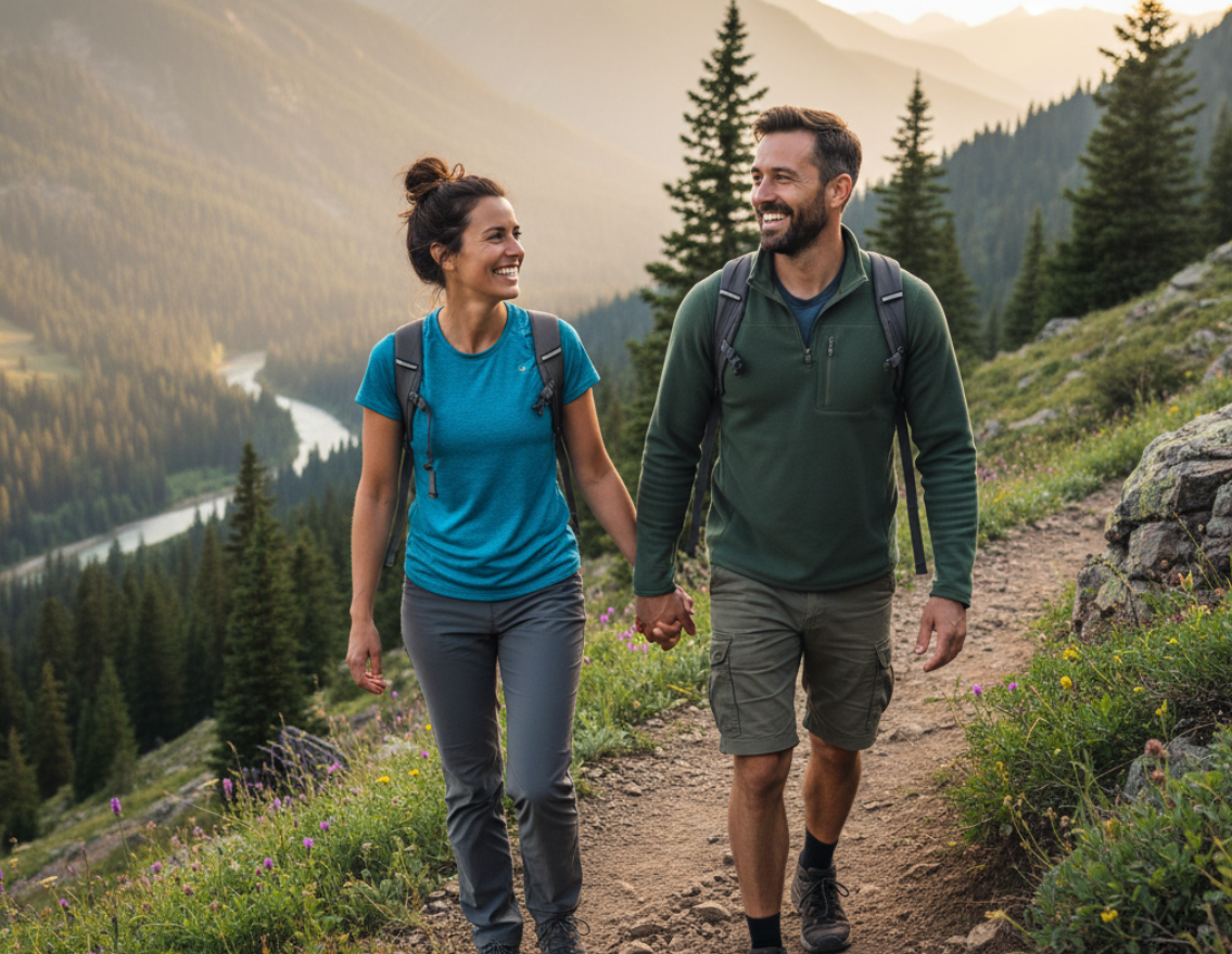 couple on a hike enjoying the outdoors, symbolizing the benefits of Humble TX membership healthcare for active, healthy living