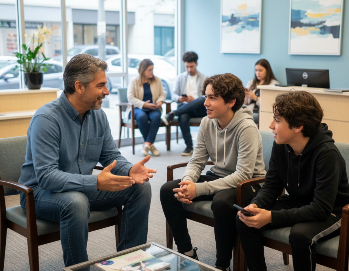 father and two sons waiting for doctor’s appointment