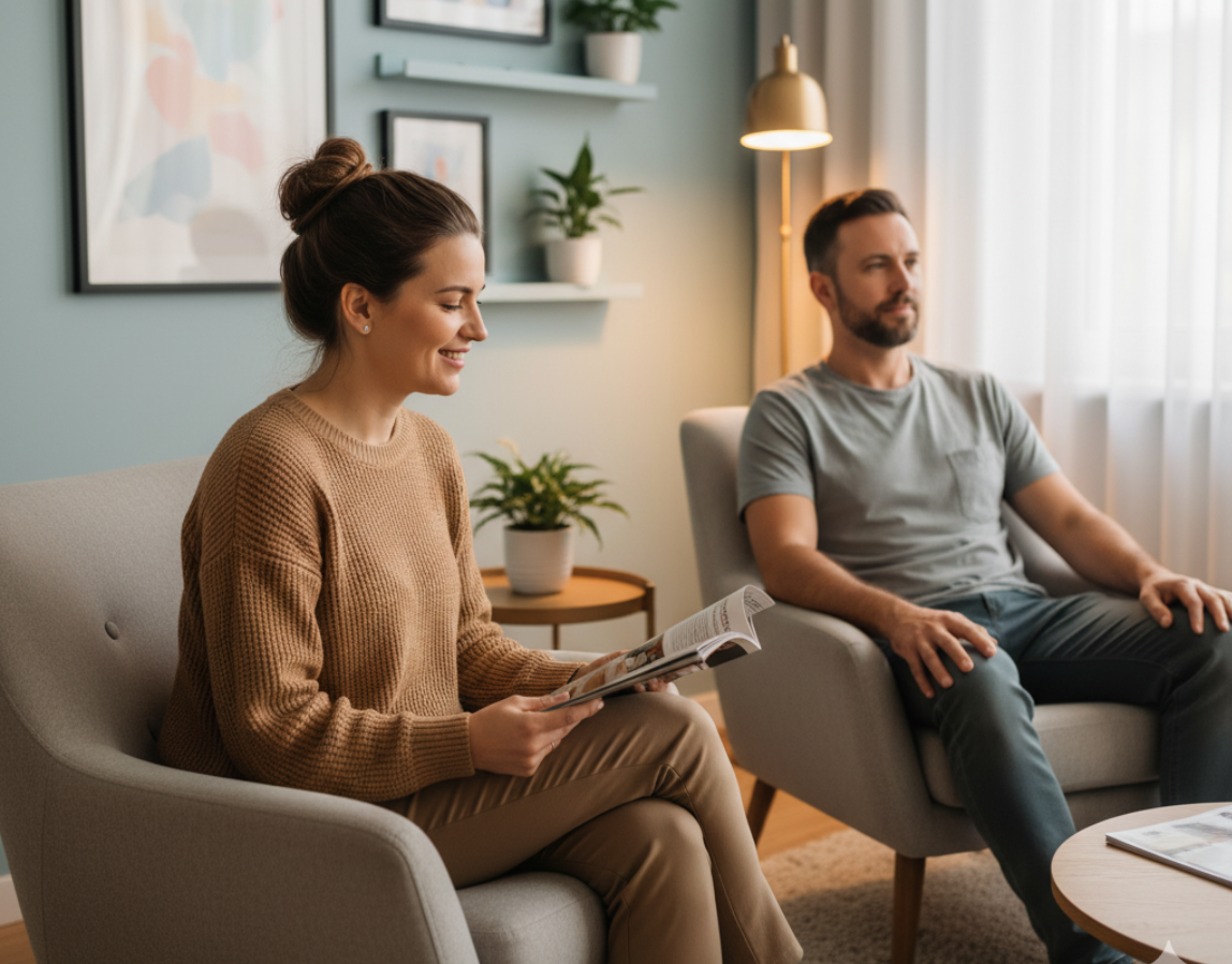 two patients seated comfortably in a modern waiting room, representing the convenience and care that personalized medicine in Humble TX provides