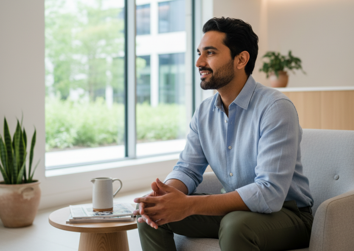 man looking relaxed in clinic waiting room while waiting for doctor’s appointment
