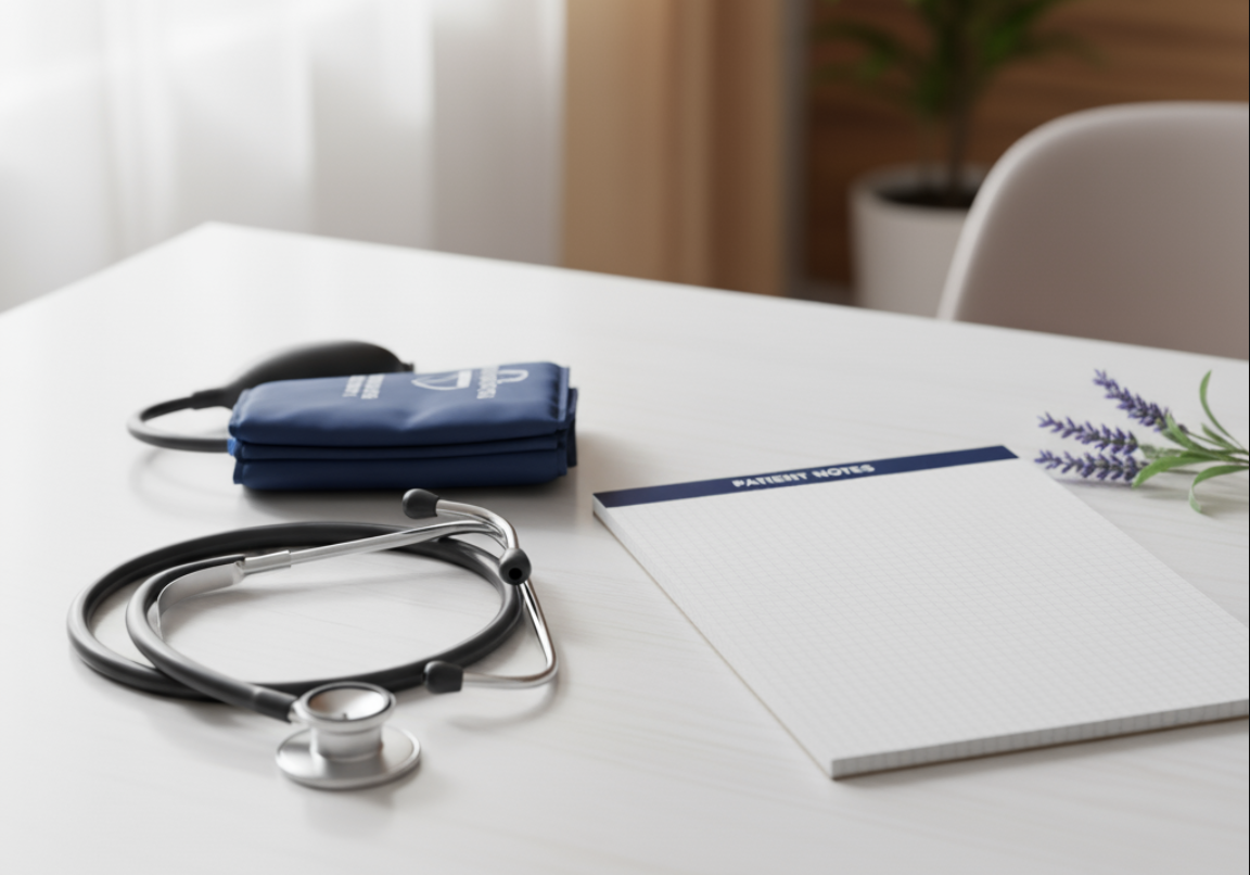 stethoscope, blood pressure cuff, and medical notepad arranged neatly on a white desk