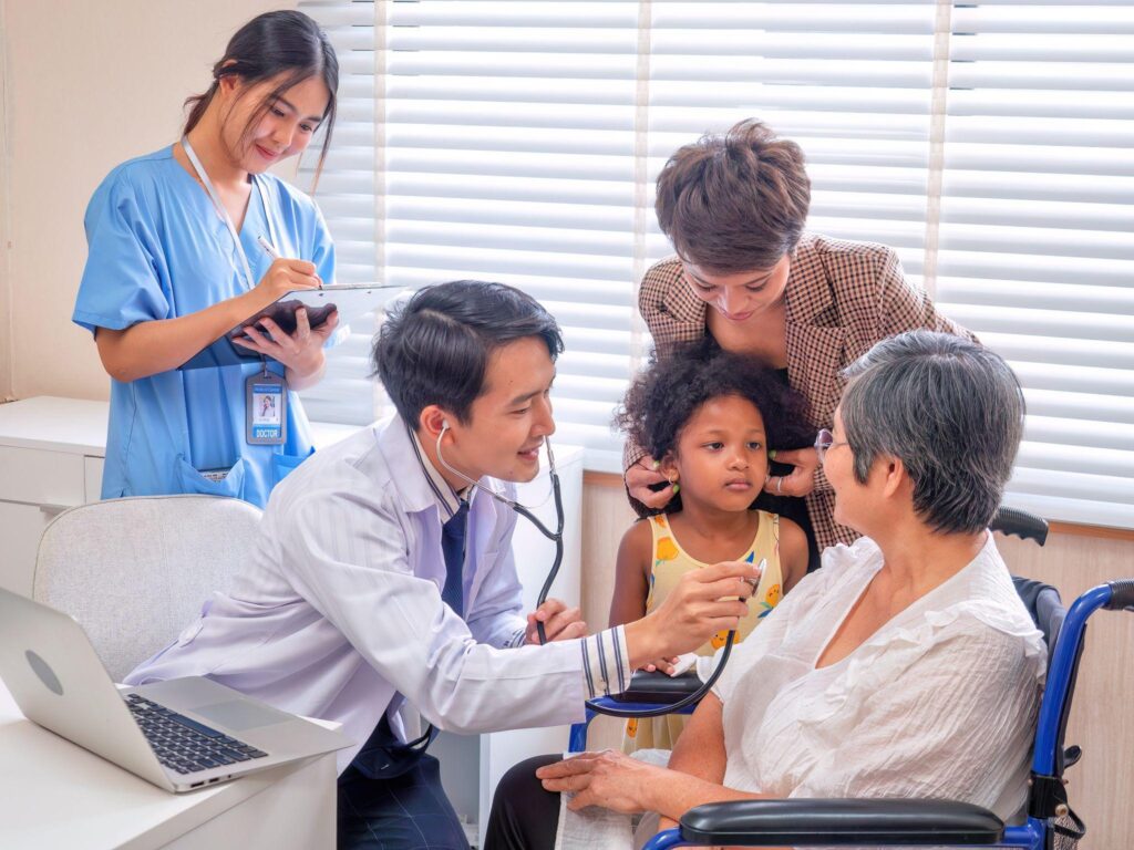 Doctor and nurse providing affordable primary care in Humble TX, checking an elderly patient with family.